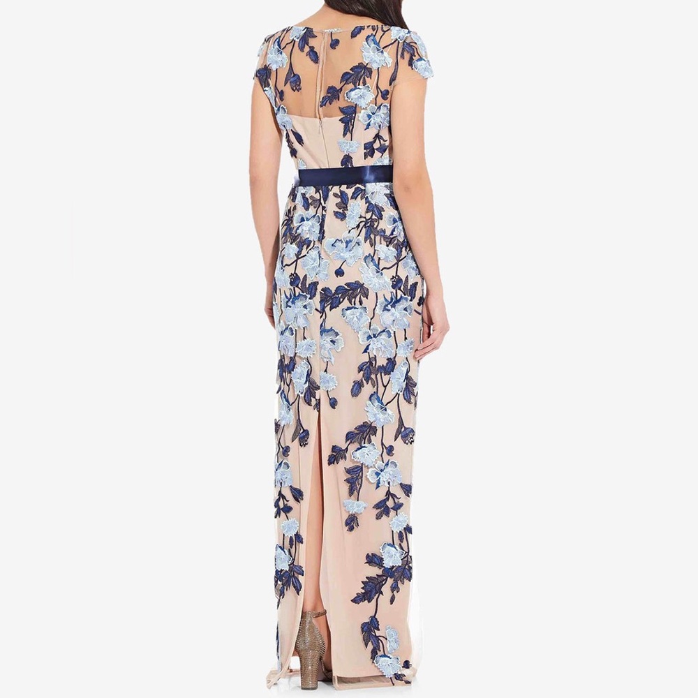🆕 Adrianna Papell Nude & Blue Embroidered Mesh Gown Floral Column Dress Size 4 - Picture 3 of 17